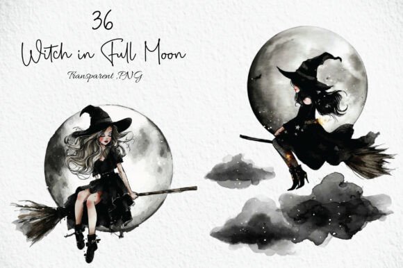 Download Watercolor Witch in Full Moon Clipart - Full moon Collection