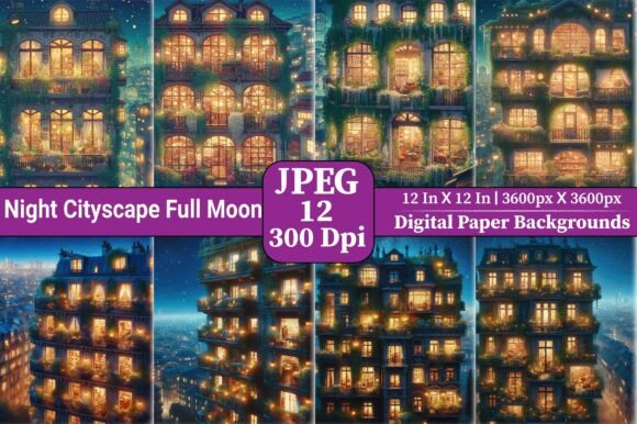 Download Night Cityscape Full Moon Digital Paper - Full moon Collection
